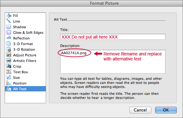 screenshot of the Format Picture window, emphasizing inserting Alt text in the Description field.