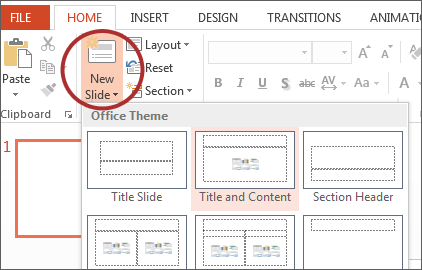screenshot of New Slide button on Microsoft ribbon.