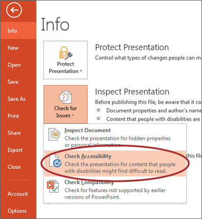 screenshot of Check Accessibility option located in the Info window.