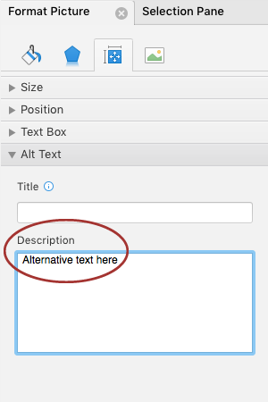screenshot of the Format Picture window, emphasizing inserting Alt text in the Description field.