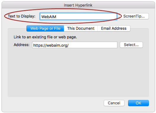 screenshot of the Edit Hyperlink window, with the Display field highlighted.