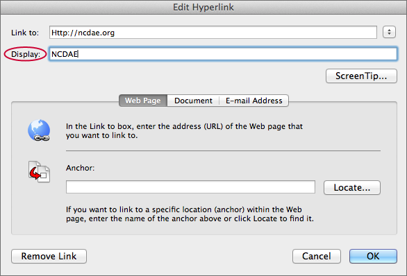 screenshot of the Display field in the Edit Hyperlink window