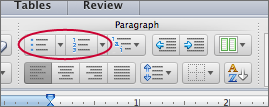screenshot of Numbered and Bulleted List icons in Paragraph tab