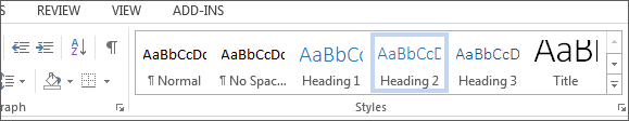 screenshot of Headings under Styles in Microsoft ribbon.