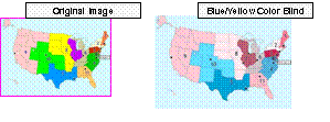 Using Vischeck Color blindness tool to show a map of the U.S. showing 10 regions of the  U.S. District Courts of Appeals identified by number and color from the Federal Courts Concepts module as seen by a user with blue/yellow color blindness