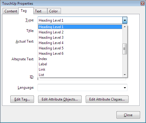 Screenshot of the TouchUp Properties menu with the Type options selected.