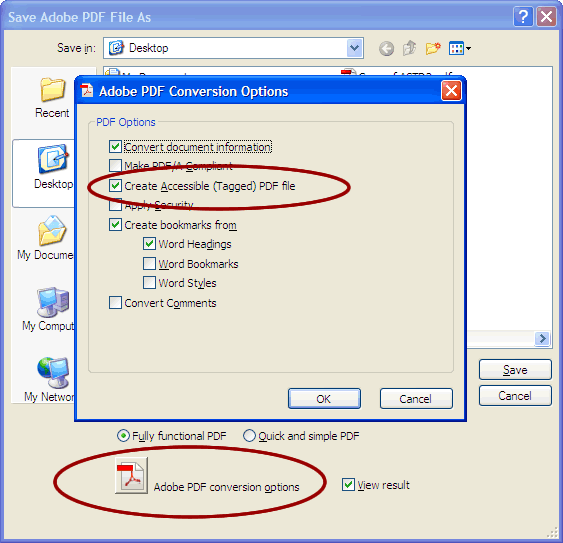 Screenshot of the Adobe PDF Conversion Options, where the Create Accessible Tagged PDF File is selected.