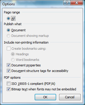 Screenshot of Options window where Document structure tags for accessibility option is selected.