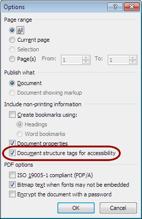 Screenshot of Options menu with Document structure tags for accessibility option selected 