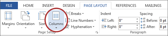 screenshot of Columns button under Page Setup on the Microsoft ribbon.
