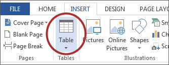 screenshot of Table button on Microsoft ribbon.