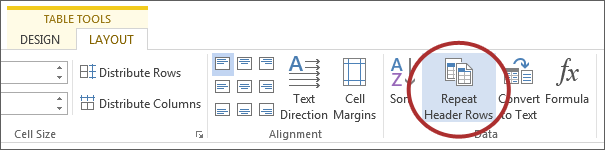 screenshot of Repeat Header Rows button under Data on Microsoft ribbon.