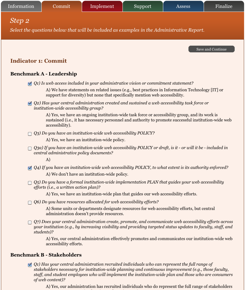 screenshot of the second step, where team leaders chose which questions to include on report