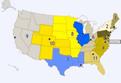 Using Vischeck Color blindness tool to show a map of the U.S. showing 10 regions of the  U.S. District Courts of Appeals identified by number and color from the Federal Courts Concepts module as seen by a user with red/green color blindness (catea.org/grade/legal/circuits.html).